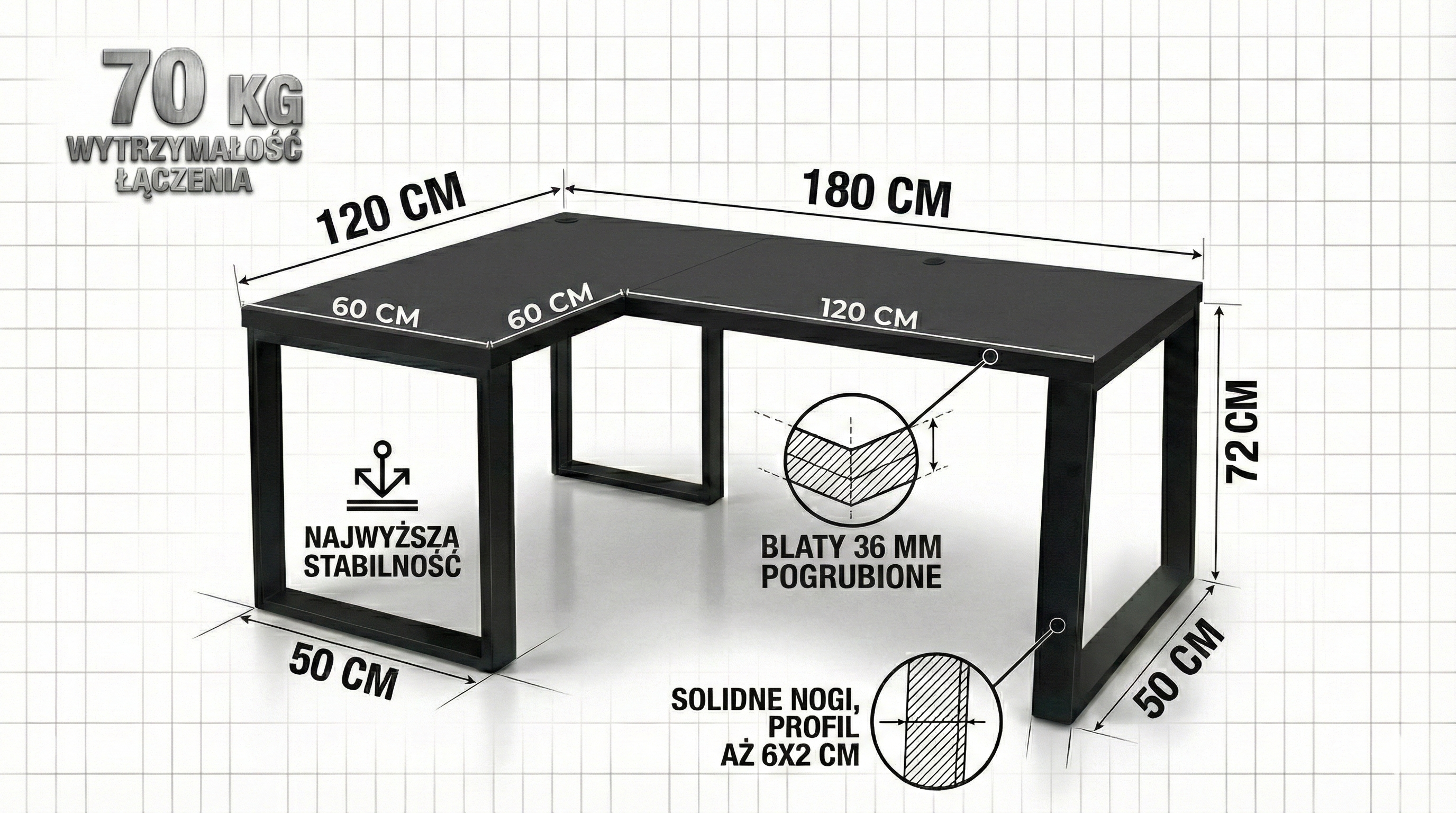 Biurko narożne czarne gruby blat 36 mm 120x180x60 cm komputerowe ...
